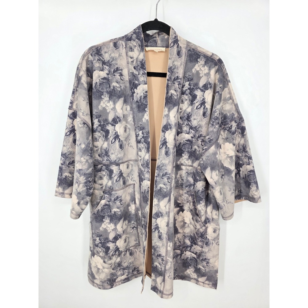 SOLITAIRE Anthropologie Floral Kimono Jacket Beige Blue Open Front Size Medium
